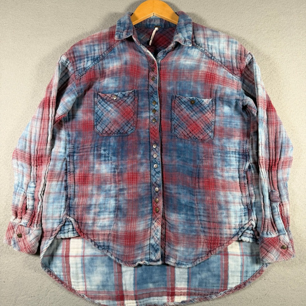 Free People Acid Wash Plaid Flannel Button Down Shirt Blue Red XS Comfort
